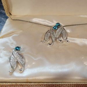 1940s Silver Metal Blue Stone Necklace and Earrings